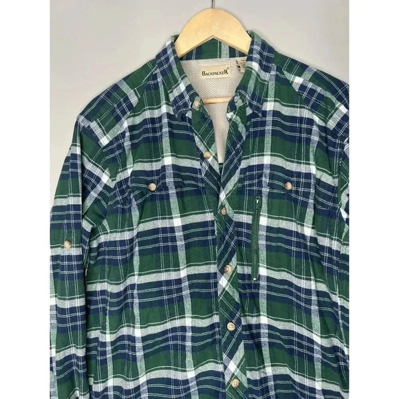 Backpacker Mens LARGE Sports Flannel Plaid Shirt Vented Outdoor Green button up - Picture 2 of 8